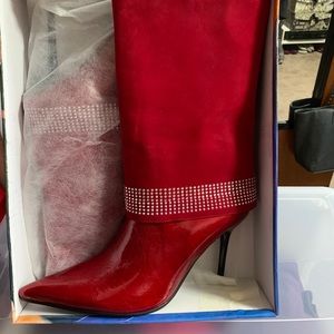 Red Paten-Leather & Suede Studded Boots